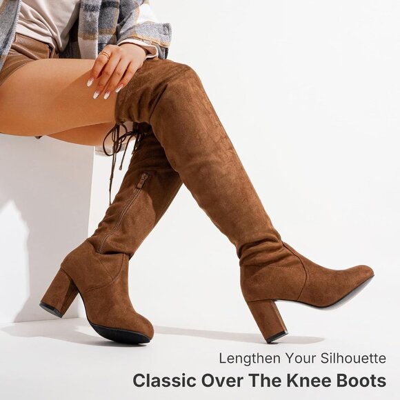 Women's Brown Suede Chunky Heels Zipper Over The Knee High Adjustable Boots - Picture 3 of 9